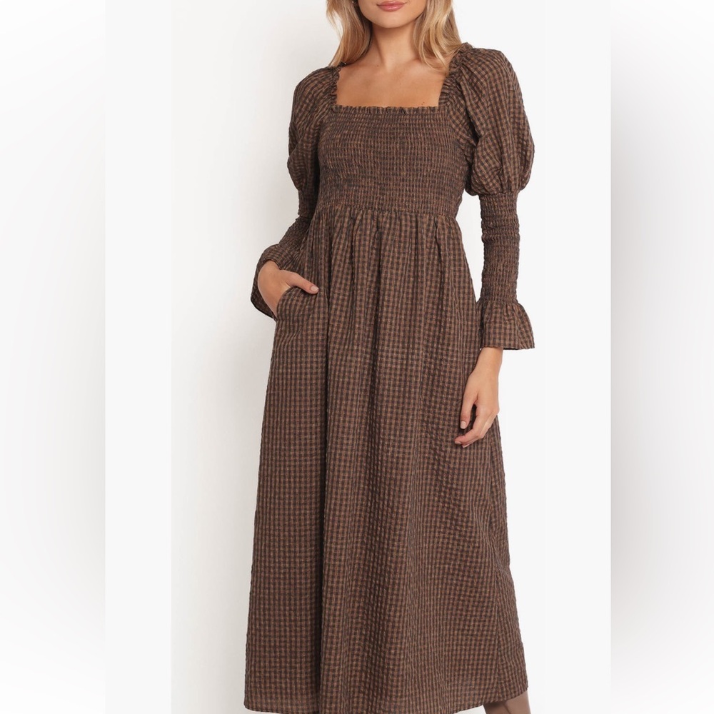 Petal & Pup Cyrena Long Sleeve Fit & Flare MaxiBrown Plaid Long Sleeve Dress